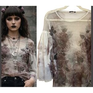 Cleo‎ Size XL Sheer Mesh Floral Top Cream Purple Tiered Sleeve Fairy Grunge